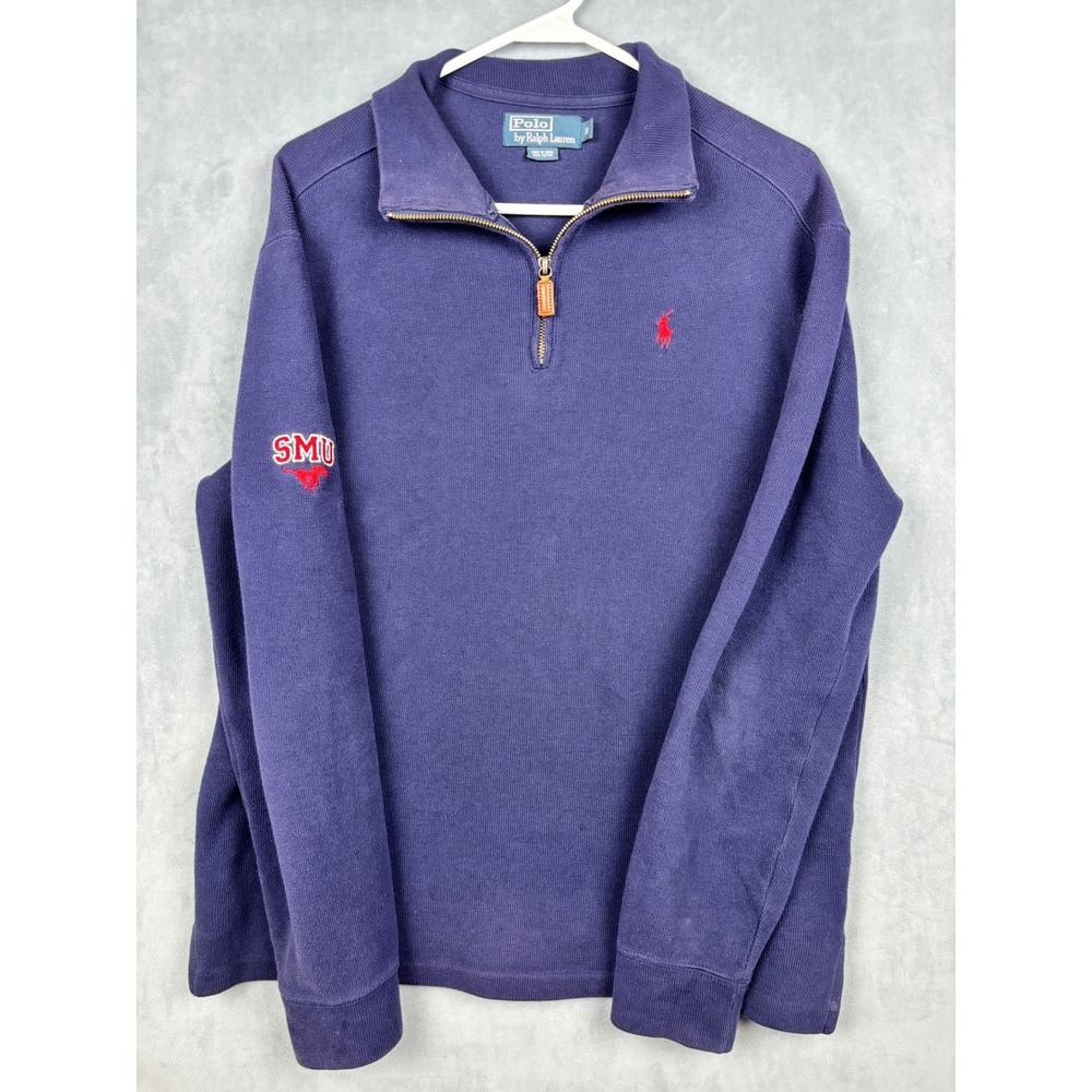 Polo Ralph Lauren SMU Mustangs 1/4 Zip Pullover Navy Blue Cotton Mens Small